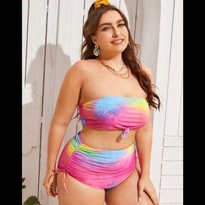 Plus tie dye knotted bandeau high waisted bikini